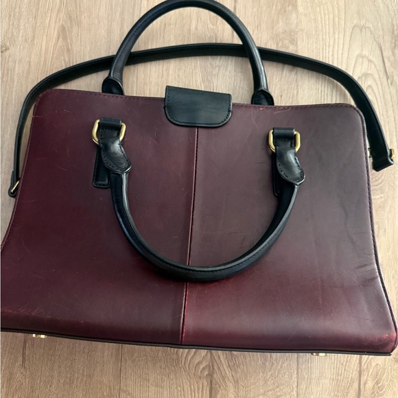 J. Crew black and maroon vintage leather Edie satchel - Picture 2 of 11